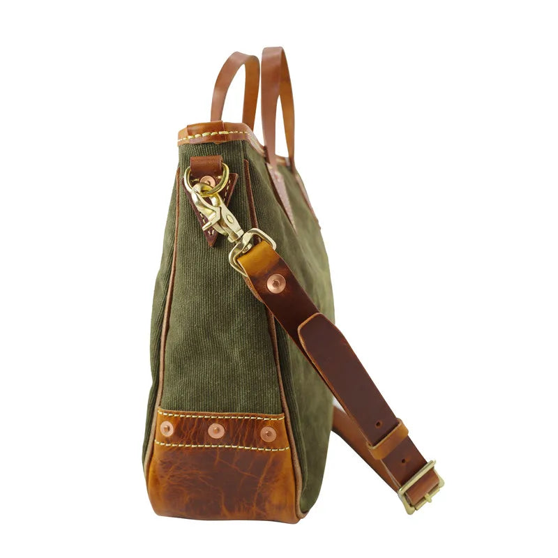 Simple designer handmade thick canvas cow leather men women's handbags outdoor daily work travel large-capacity messenger bag