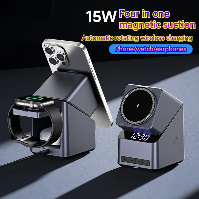 Rotating magnetic wireless charging station with phone stand and time display, gray