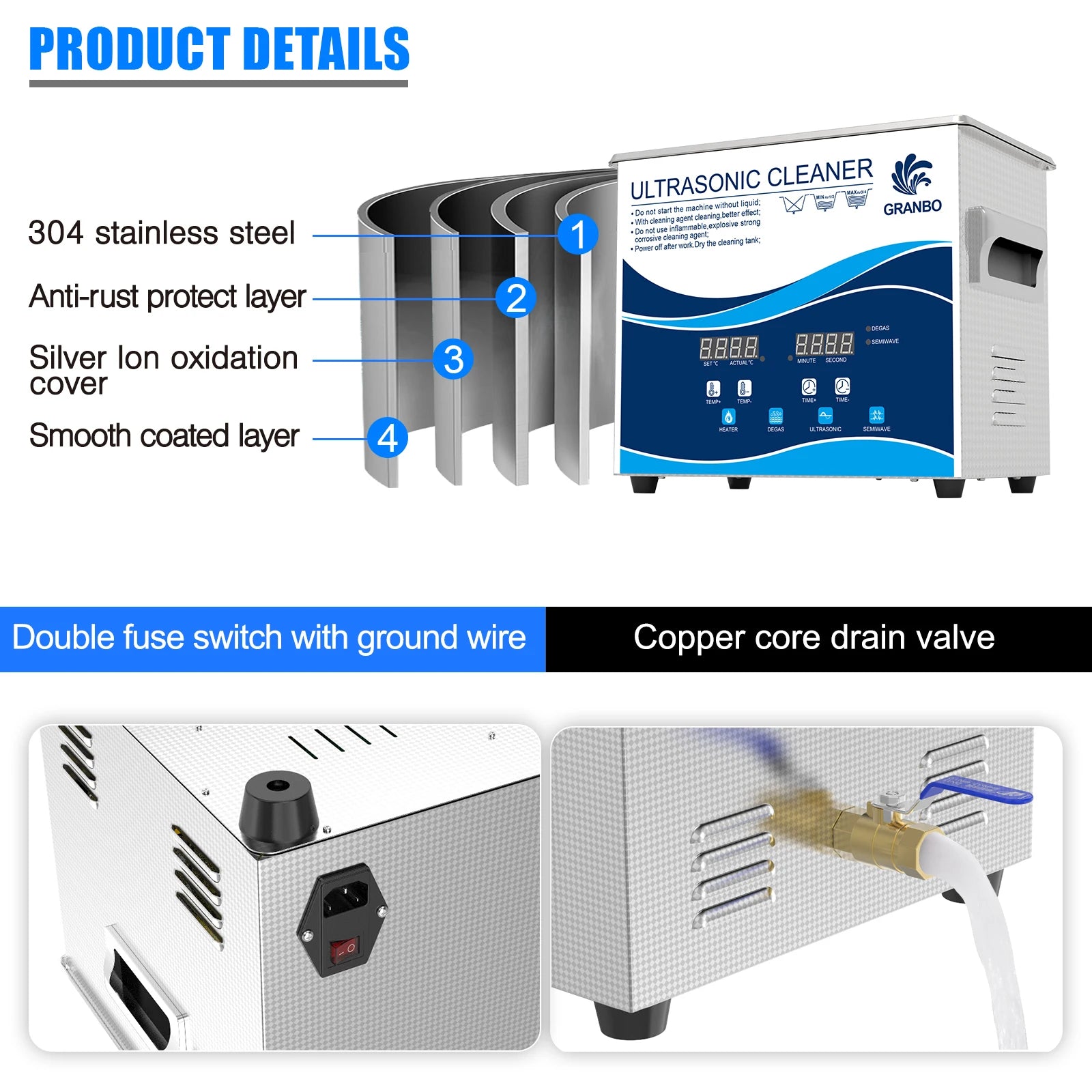 Tidesmit 3.2L 180W Ultrasonic Cleaner for dental tools and manicure instruments, side angle view of cleaning tank.
