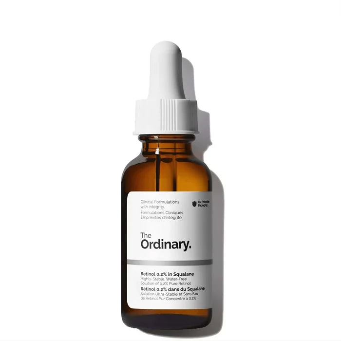 The Ordinary retinol 0.2% serum bottle with dropper, amber glass