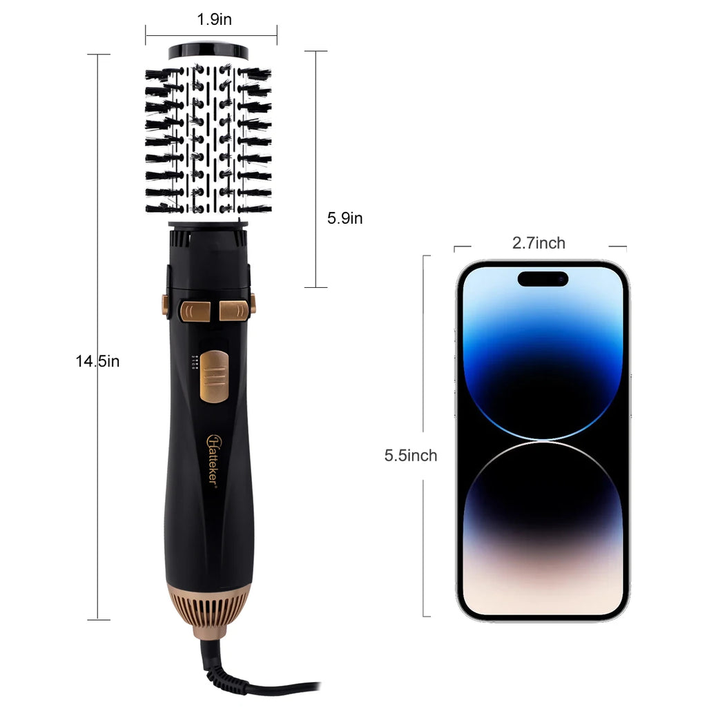 Hatteker black and gold hot air brush dryer with dimensional measurements, showing styling attachment and size scale.