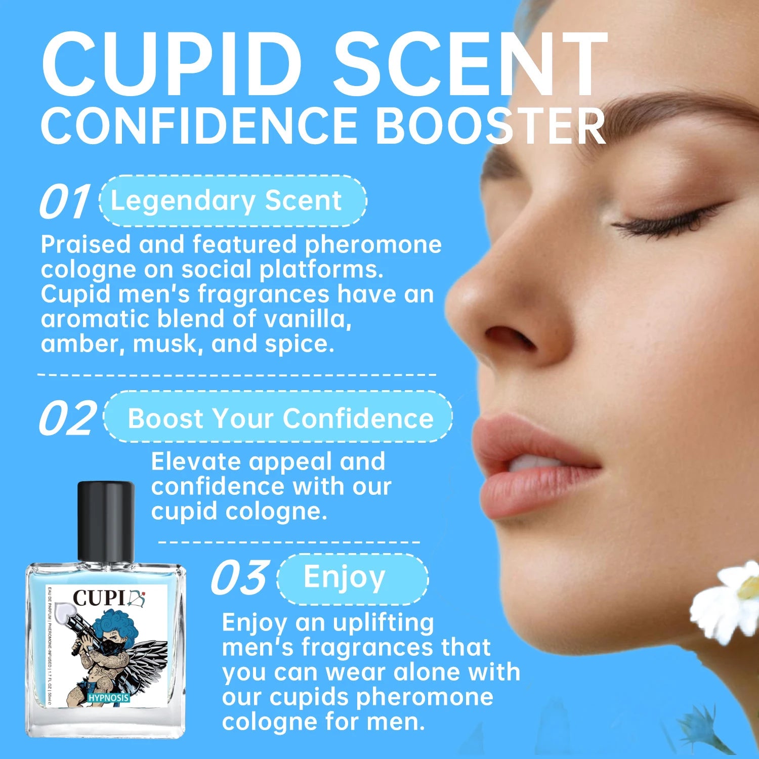 Cupid Hypnosis 2.0 pheromone cologne for men: 50ml EDP in square bottle, vanilla, amber, musk, and spice scent notes.