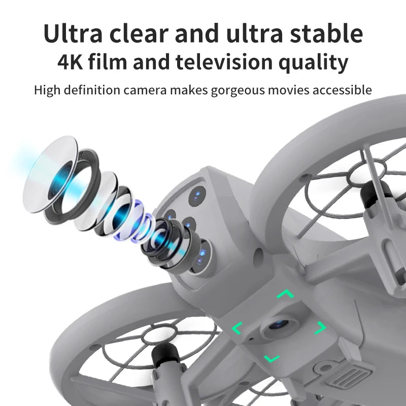 Gray 4K drone with exploded view of camera lens elements and guarded propellers for stable aerial photography.
