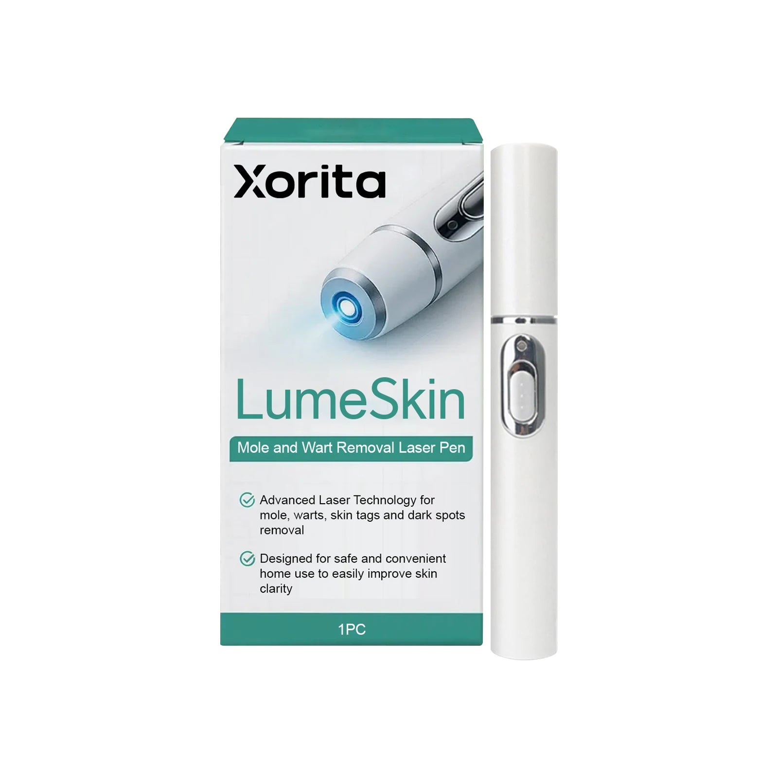Xorita LumeSkin white laser pen for skin blemish removal, shown next to its branded product box.