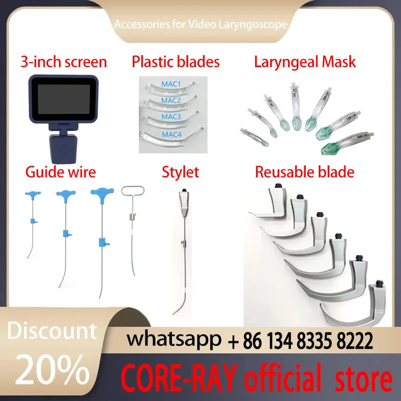 Accessories for Video Laryngoscope Stainless Steel Blades, Laryngeal Mask Airway, guide wire, and Screen