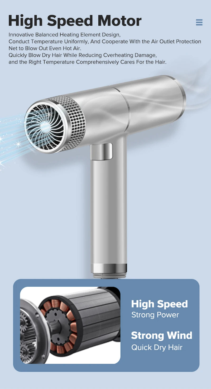 Silver leafless ionic hair dryer featuring a high-speed motor, intelligent temperature control, and quick-dry design.