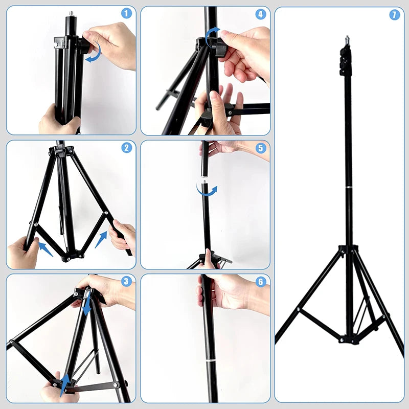 Seven steps showing the assembly of a black metal light stand tripod for photography and lighting equipment.