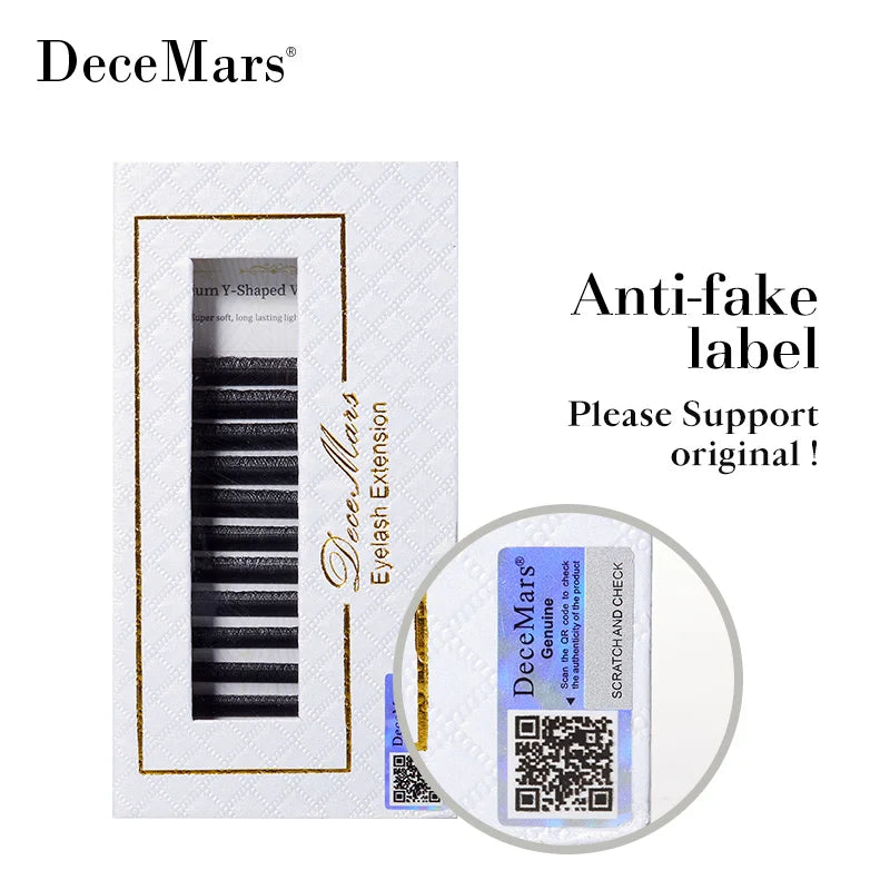 DeceMars black YY-shaped eyelash extensions in a white textured box with an anti-fake holographic QR code label.
