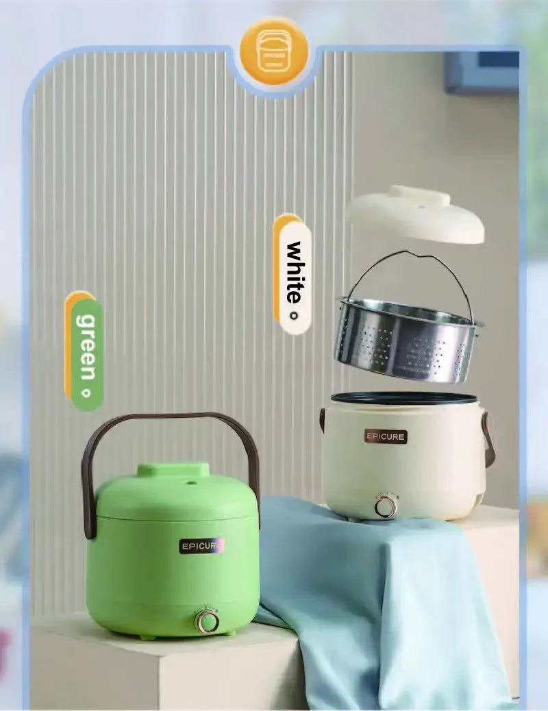 Green and white electric rice cooker with perforated steamer basket and handles