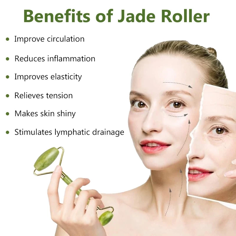 A person holds a green jade facial roller next to a list of its benefits and a diagram showing facial massage paths.