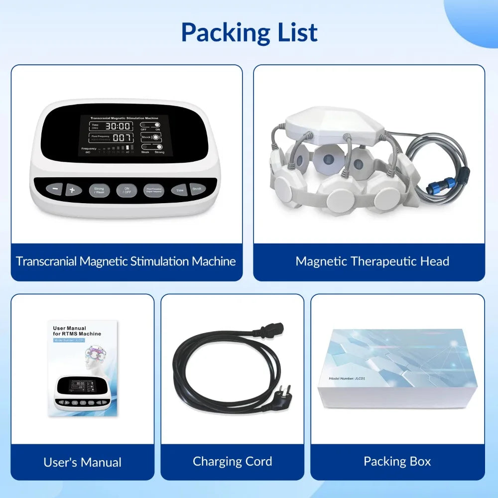 Frovab RTMS brain stimulation machine, therapeutic head, and accessories for non-invasive Parkinson's rehab recovery.