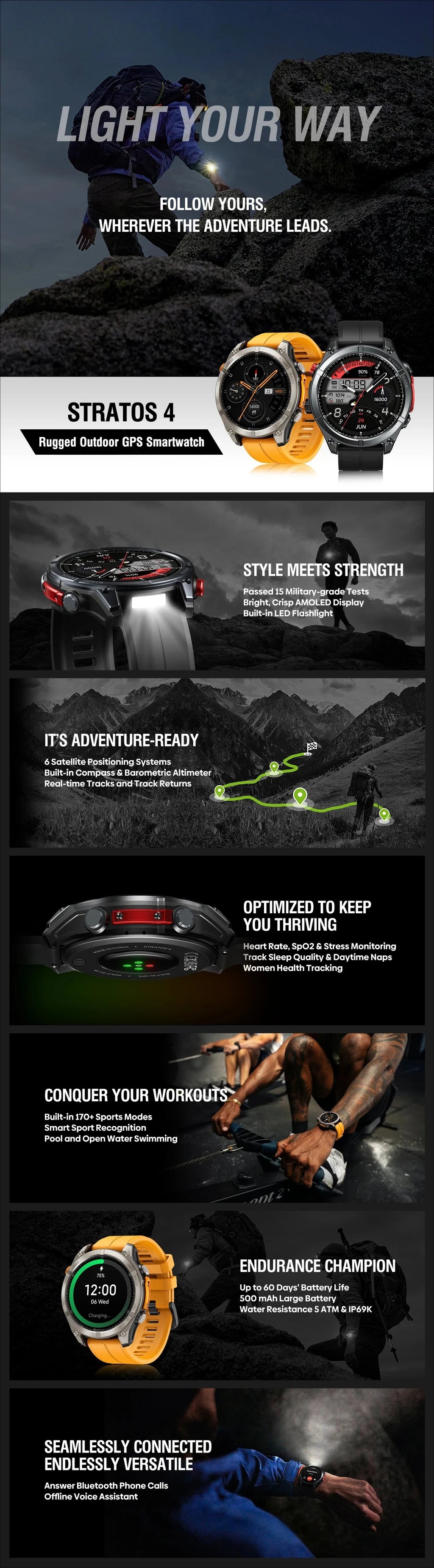 Stratos 4 GPS Smart Watch 1.43 AMOLED Display Built-in Compass Barometric Altimeter Flashlight Voice Call Smartwatch