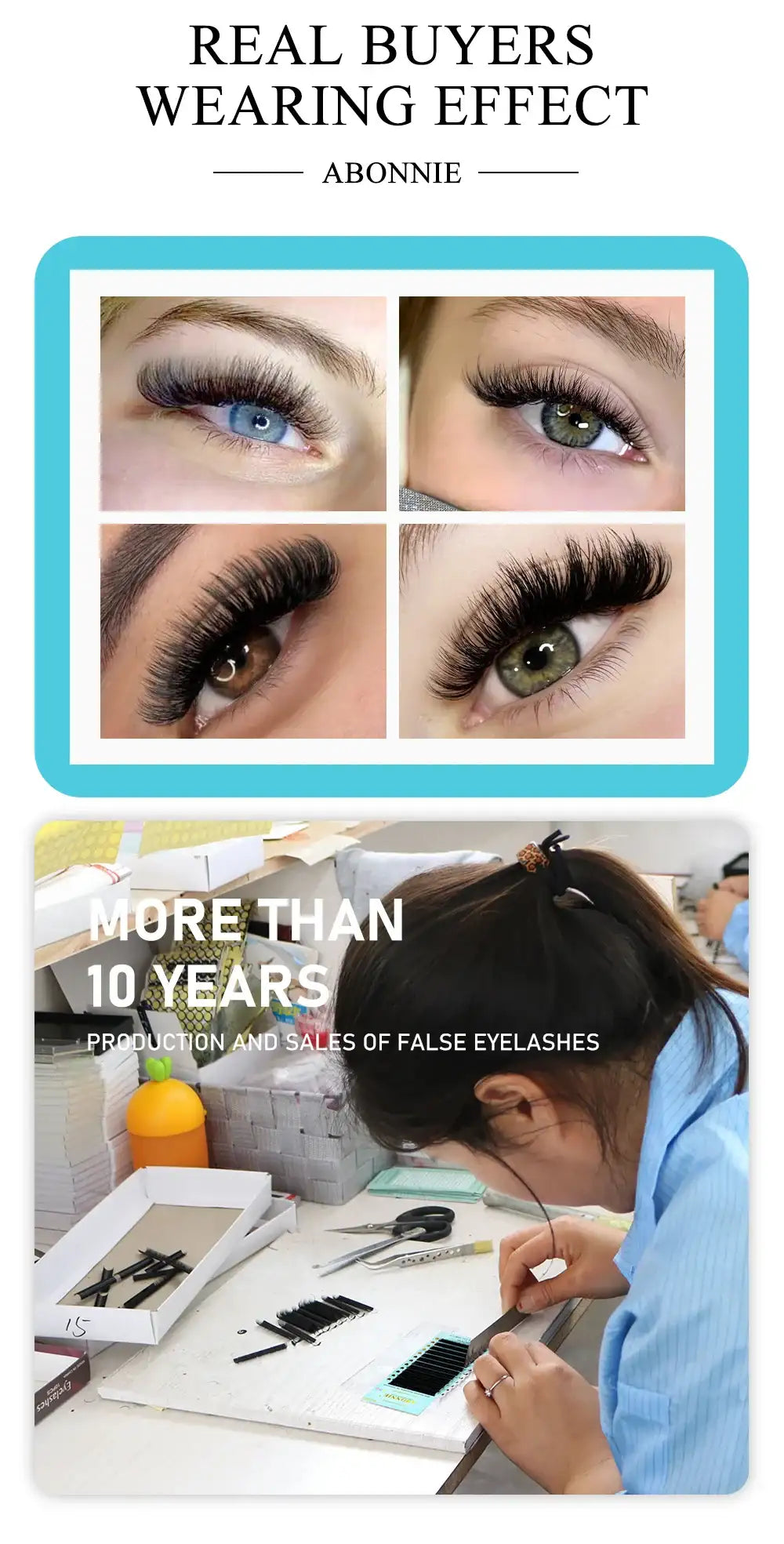 Collage of black, dense false eyelash extensions applied to various eyes, plus a worker assembling lashes at a desk.