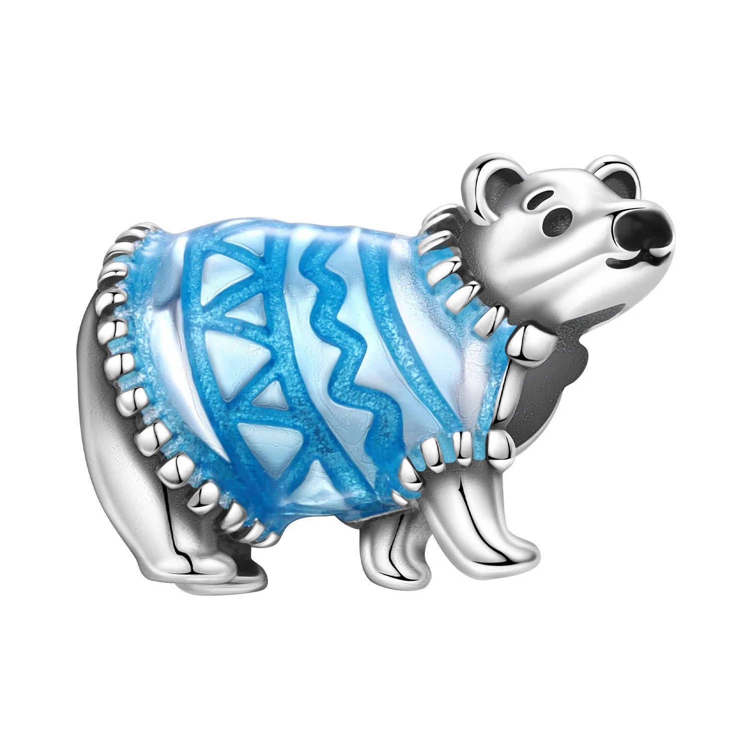 925 Sterling Silver bear charm with blue enamel detail for DIY bracelets, perfect pet-themed jewelry gift.