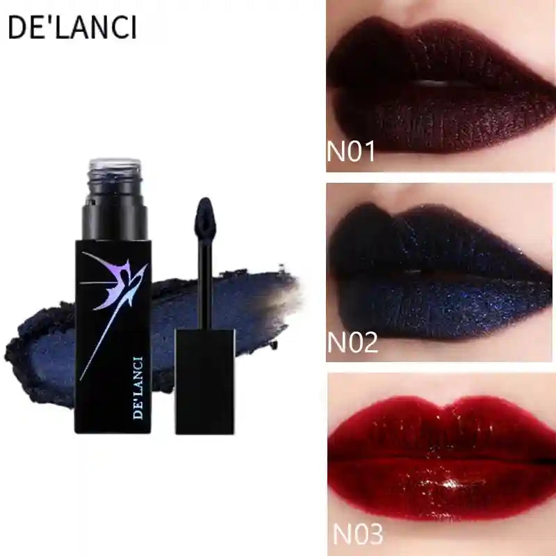 DE'LANCI gothic lip mud set: shimmer dark blue, moody black, and glossy red liquid lipstick shades for bold makeup.