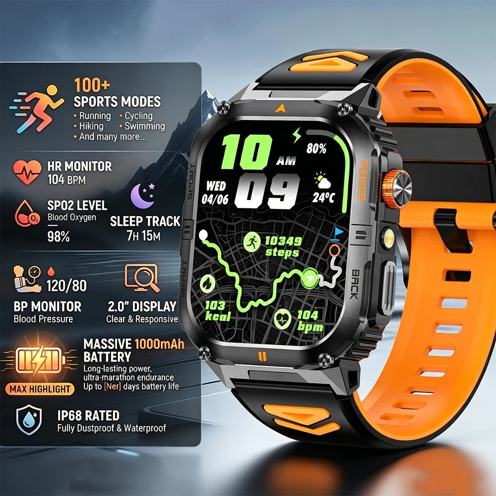 Hot Sell Gifts 2026 New Military SmartWatch Men Outdoor Sports IP68 Waterproof  LED Bluetooth Call Health Monitoring Men Women