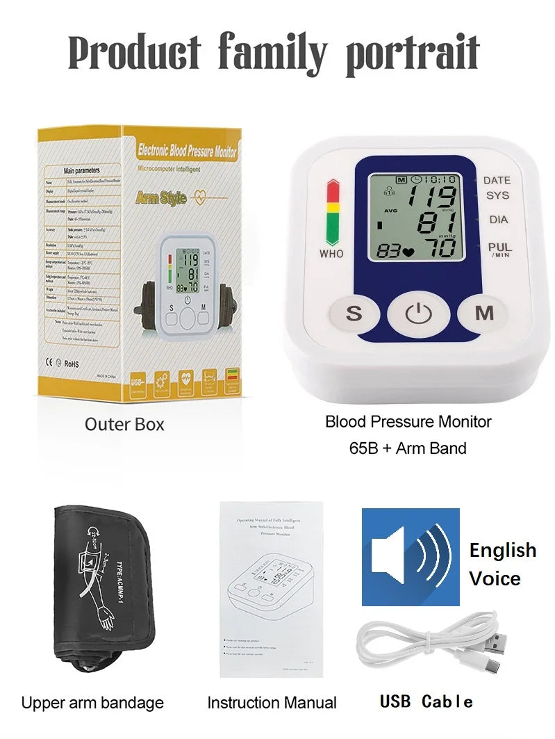Digital Blood Pressure Meter Medical Voice Arm BP Sphygmomanometer Automatic Tonometer Tensiometer Pulse Heart Rate Health Meter
