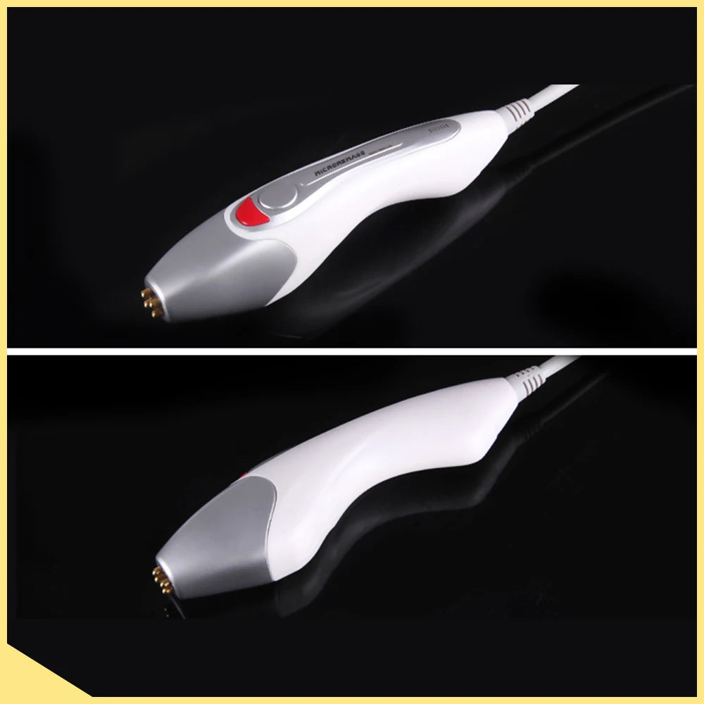 White and silver handheld dot matrix RF skin rejuvenation device with gold contact probes for home facial lifting.