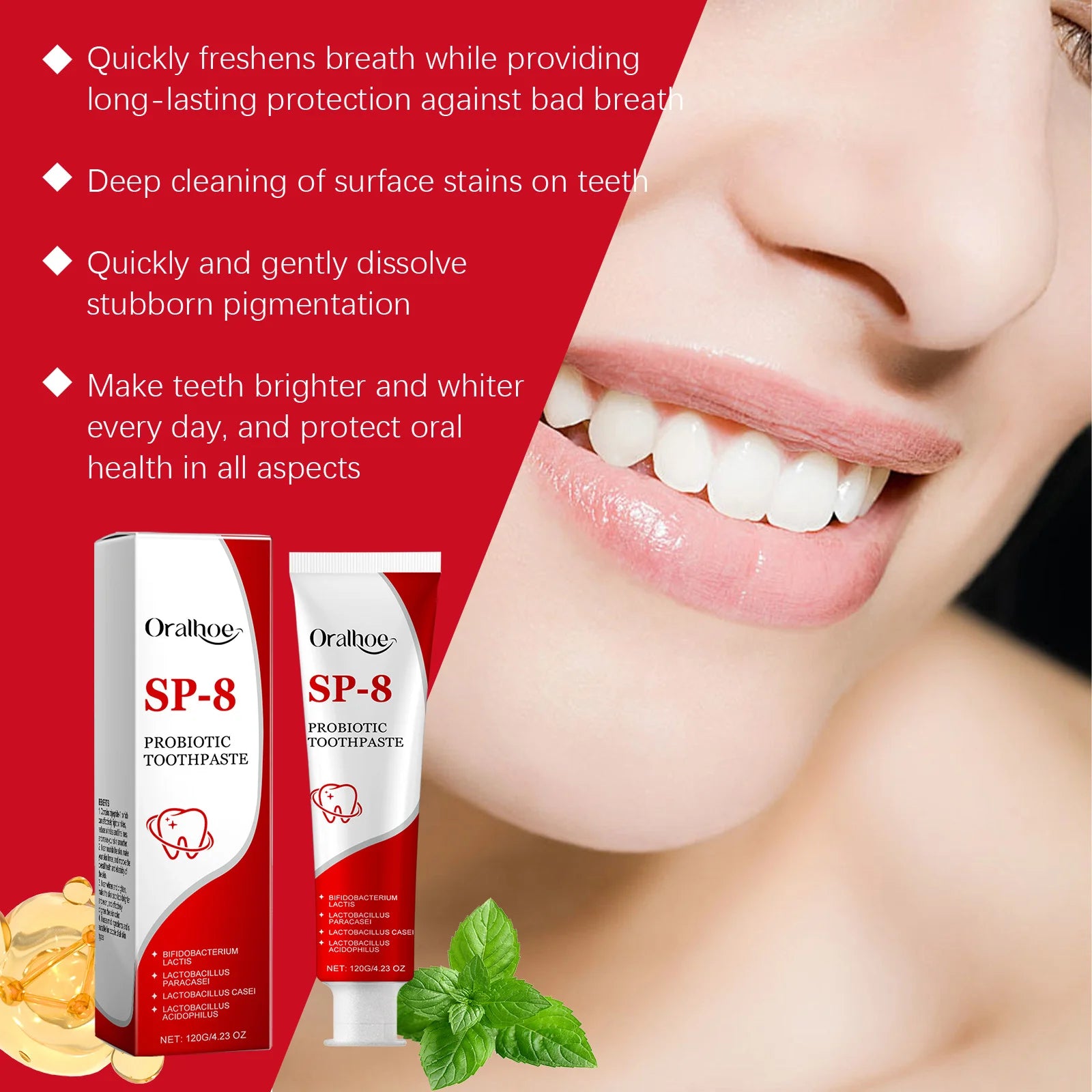 Tidesmit SP-8 Probiotic Whitening Toothpaste for plaque removal and fresh breath, 120g/240g dental care tube