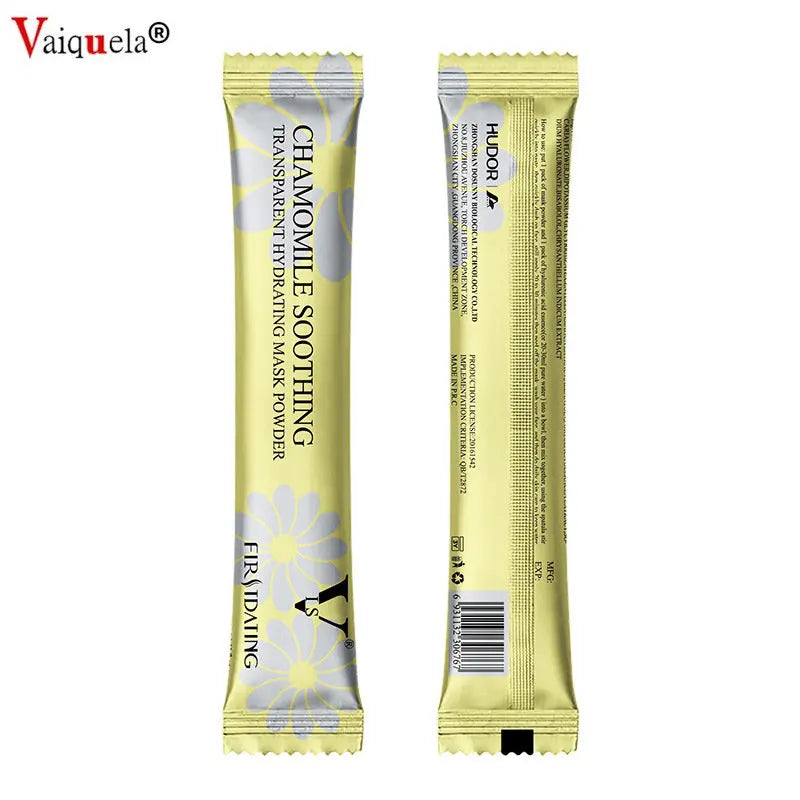 Front and back view of a pale yellow Chamomile Soothing facial mask powder stick pack.
