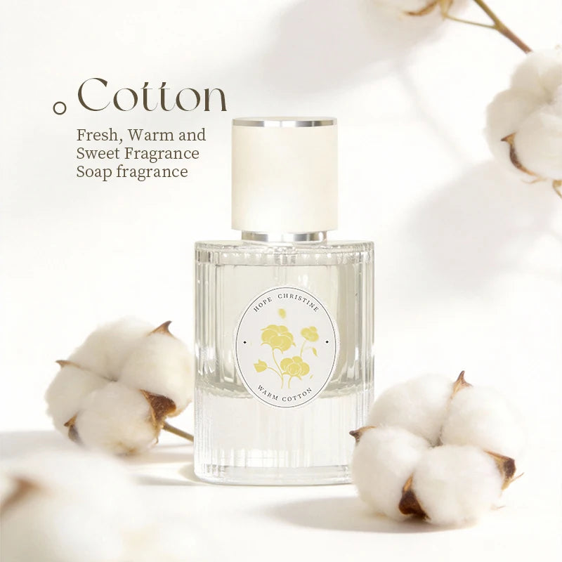 Hope Christine Warm Cotton unisex perfume: a fresh, long-lasting soap scent in a ribbed glass bottle with cotton art.