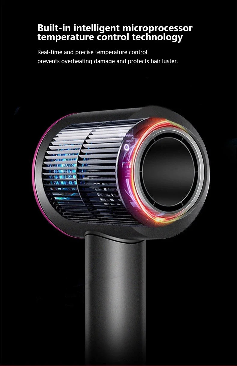 Black professional ionic hair dryer with intelligent temperature control and glowing thermal indicator ring.