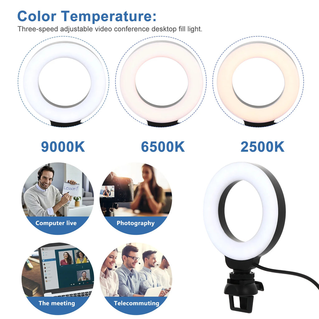 4 Inch LED Ring Light for Video Calls - Adjustable Tone Clip-On Light Tidesmit