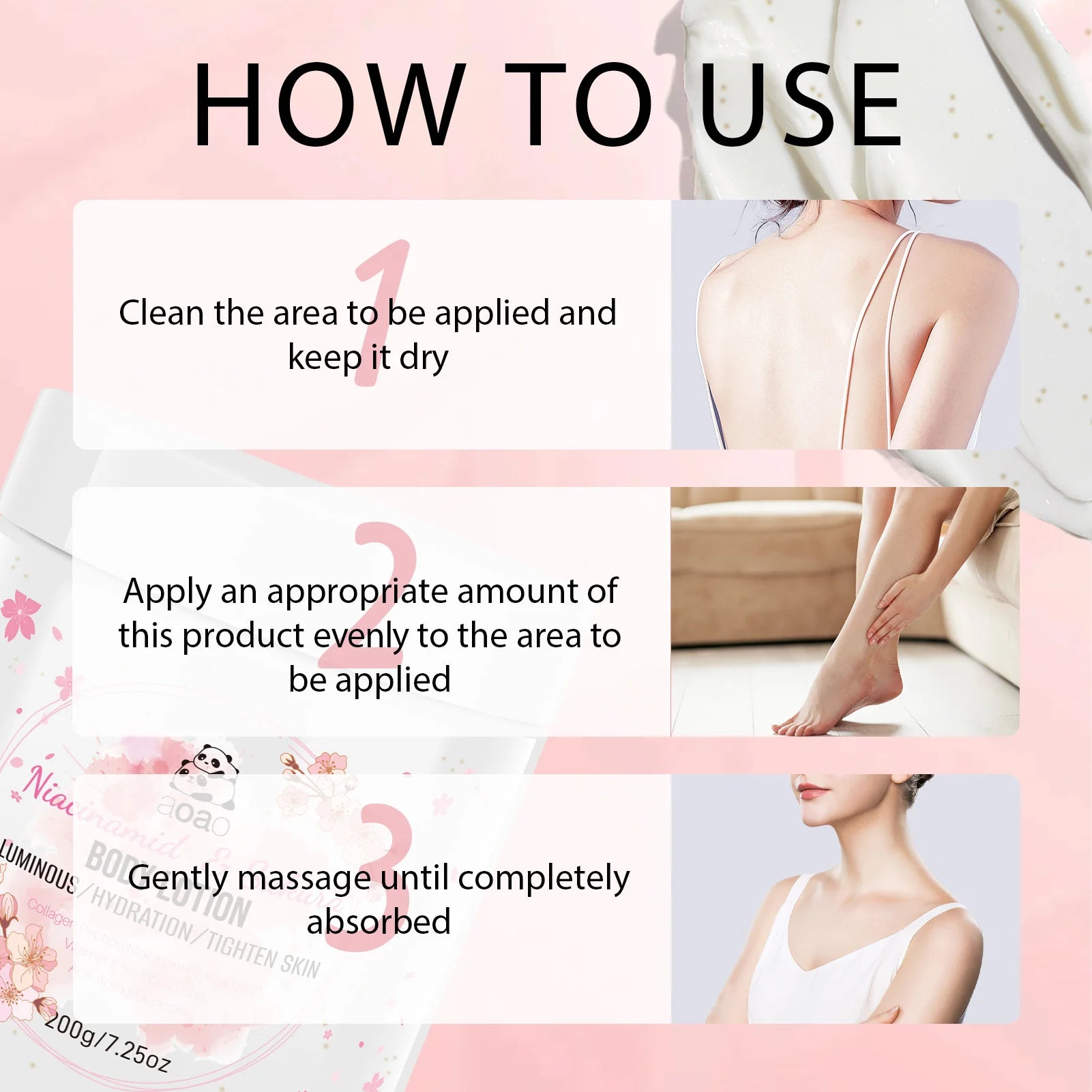 Sakura Niacinamide Moisturizing Body Lotion, infused with shea butter and cherry blossoms. Lightweight and non-greasy.