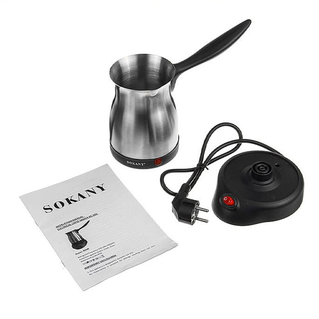 Sokany stainless steel electric Turkish coffee maker with black base, power cord, and user manual on white background.