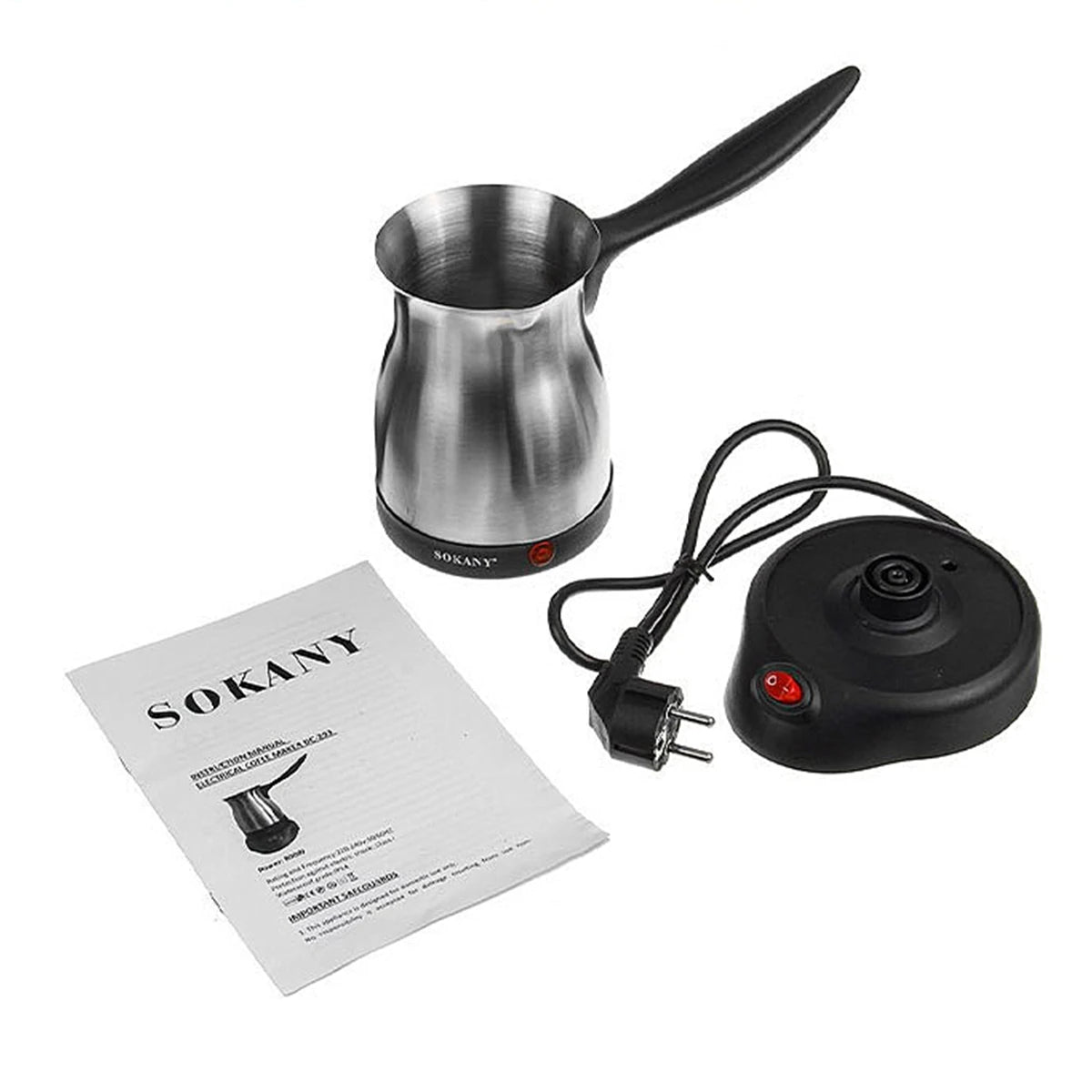 Sokany stainless steel electric Turkish coffee maker with black base, power cord, and user manual on white background.