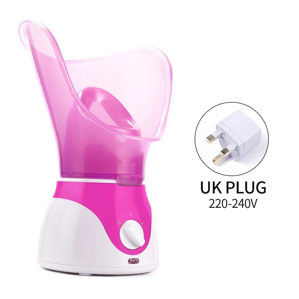 Pink and white facial steamer for home spa pore cleaning with UK plug, adjustable settings, and hot mist function.