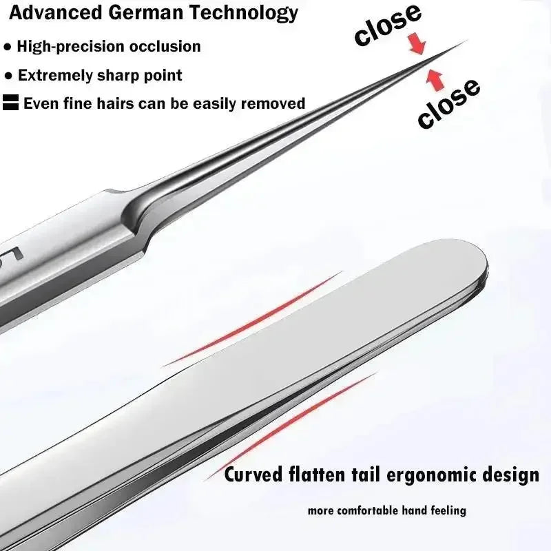 Silver stainless steel tweezer tool for acne extraction, featuring a sharp, high-precision point and ergonomic design.
