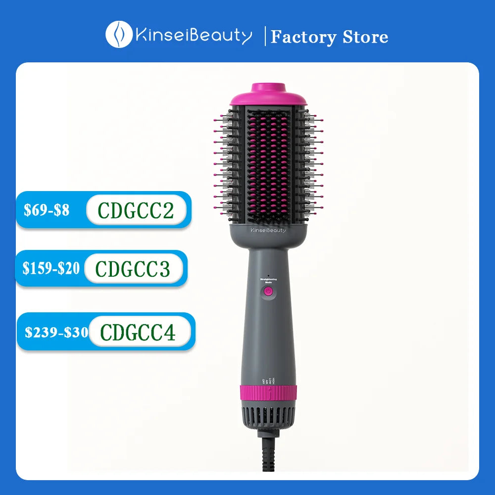 Kinseibeauty 3-speed electric hair dryer and hot air straightening brush in grey and pink with vent bristles.
