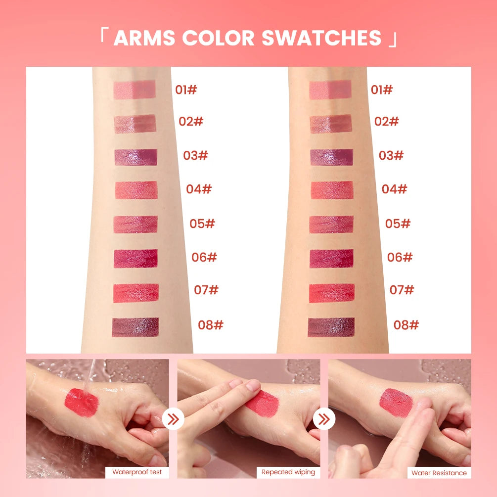 QIBEST 8-color watery lip glaze arm swatches showing long-lasting, waterproof, and mirror-finish moisturizing texture.