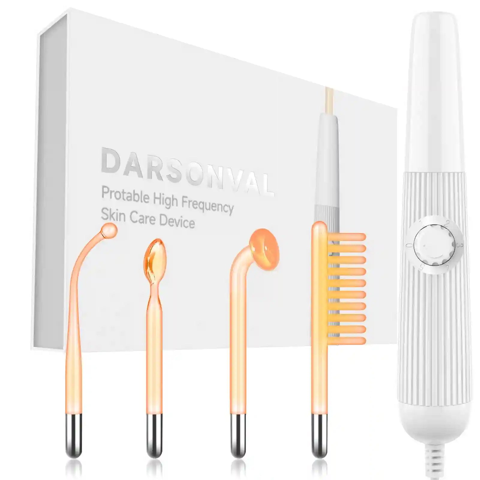 High-frequency facial wand with white handle, dial control, and four neon-orange glass electrode attachments.