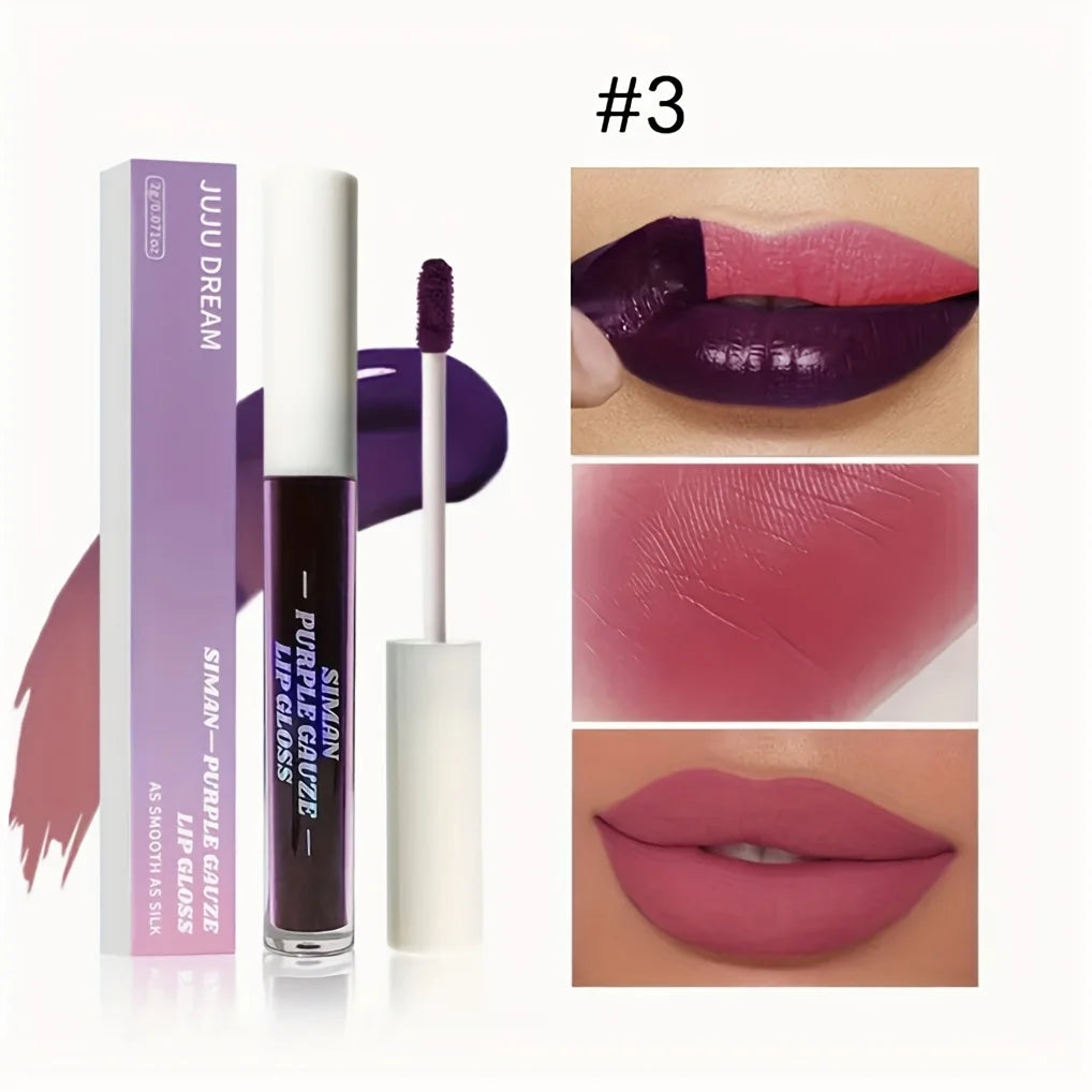 Purple matte peel-off lip ink tint, long-lasting liquid lipstick for a smooth, transfer-proof pink matte finish.