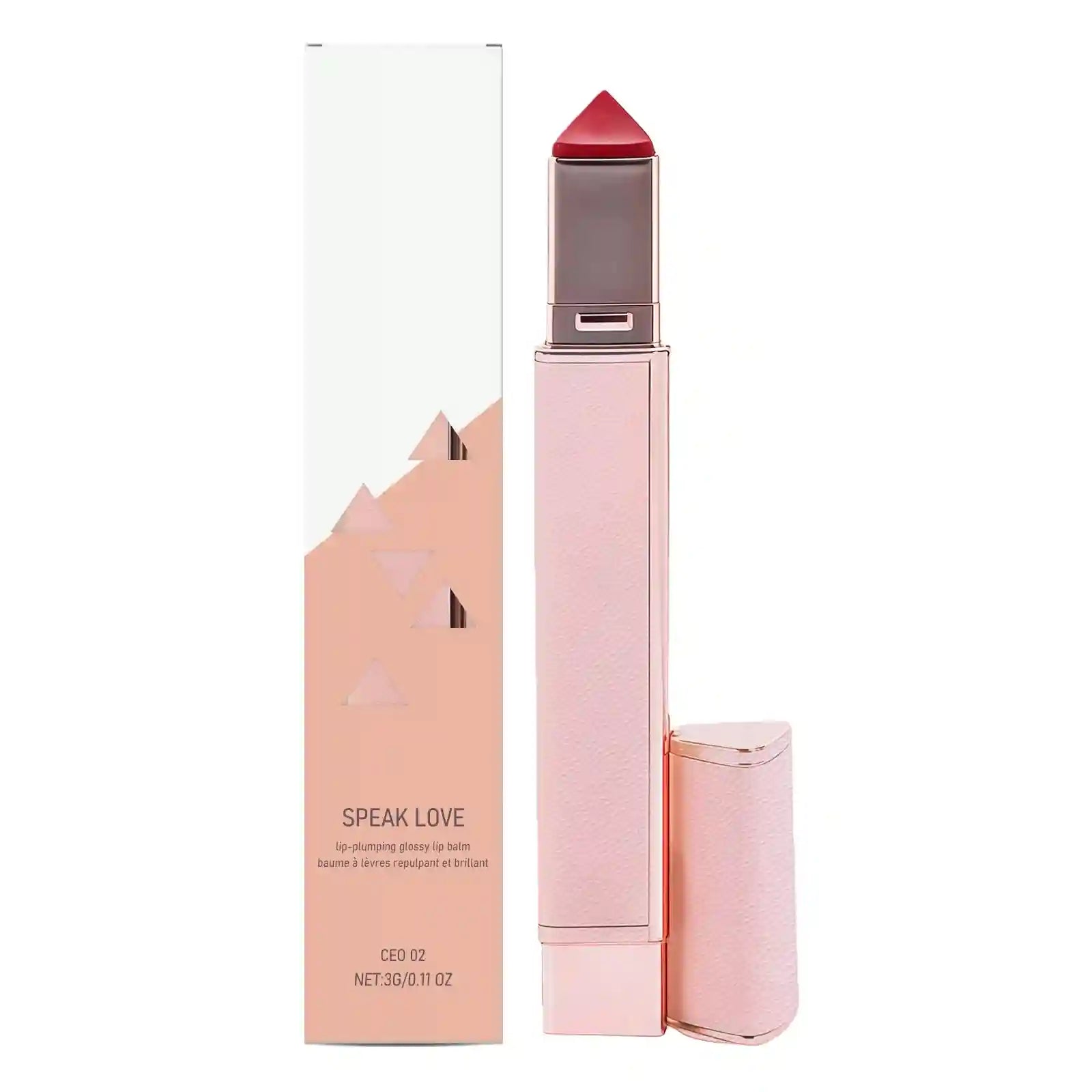 Speak Love glossy plumping lip balm stick in pink textured case with red lipstick applicator and matching product box.