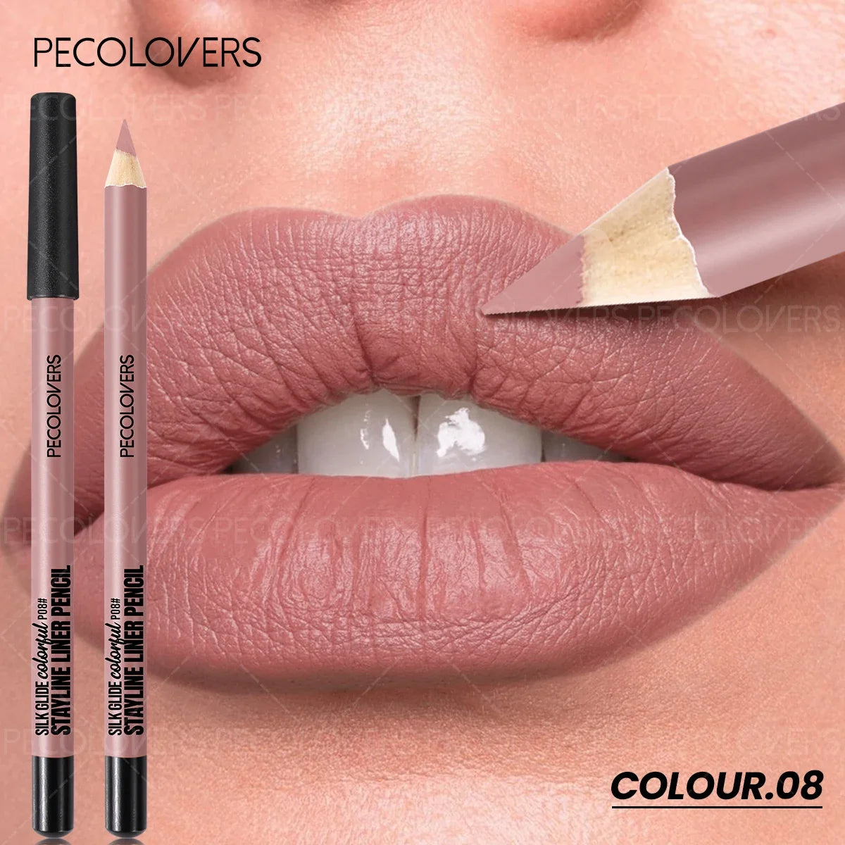 Long-lasting waterproof matte lip liner pencil in mauve-brown, shown on lips for a defined, natural makeup finish.