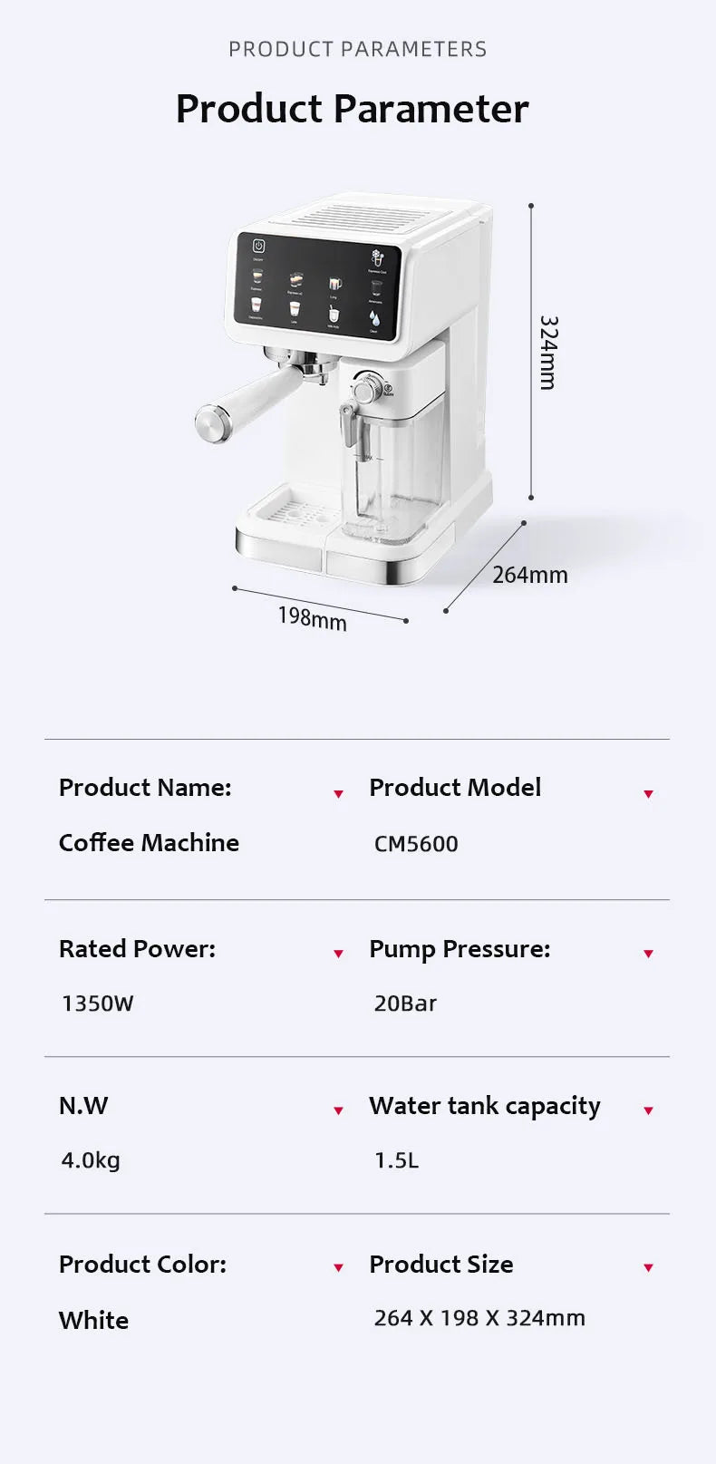 White CM5600 20-bar espresso coffee machine with 1.5L tank, dimensions 264x198x324mm, 1350W power.