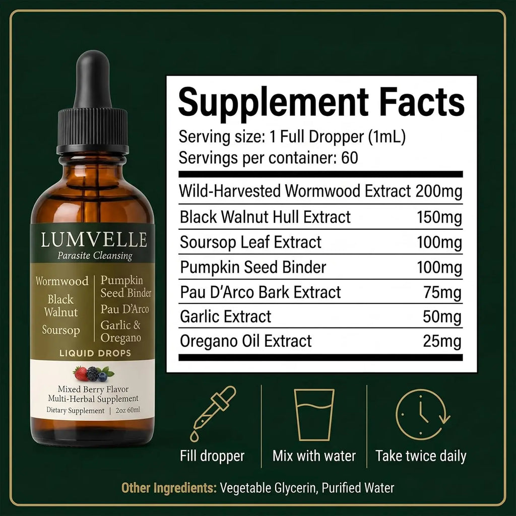 Lumvelle Wild Harvested Wormwood Liquid Drops with 7 Plant Ingredients Gut Cleaning Support & Digestive Balance Daily Wellness