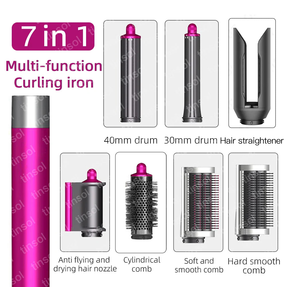 7-in-1 high-speed ionic hair dryer set in pink and grey with curling barrels, brushes, and straightener attachments.