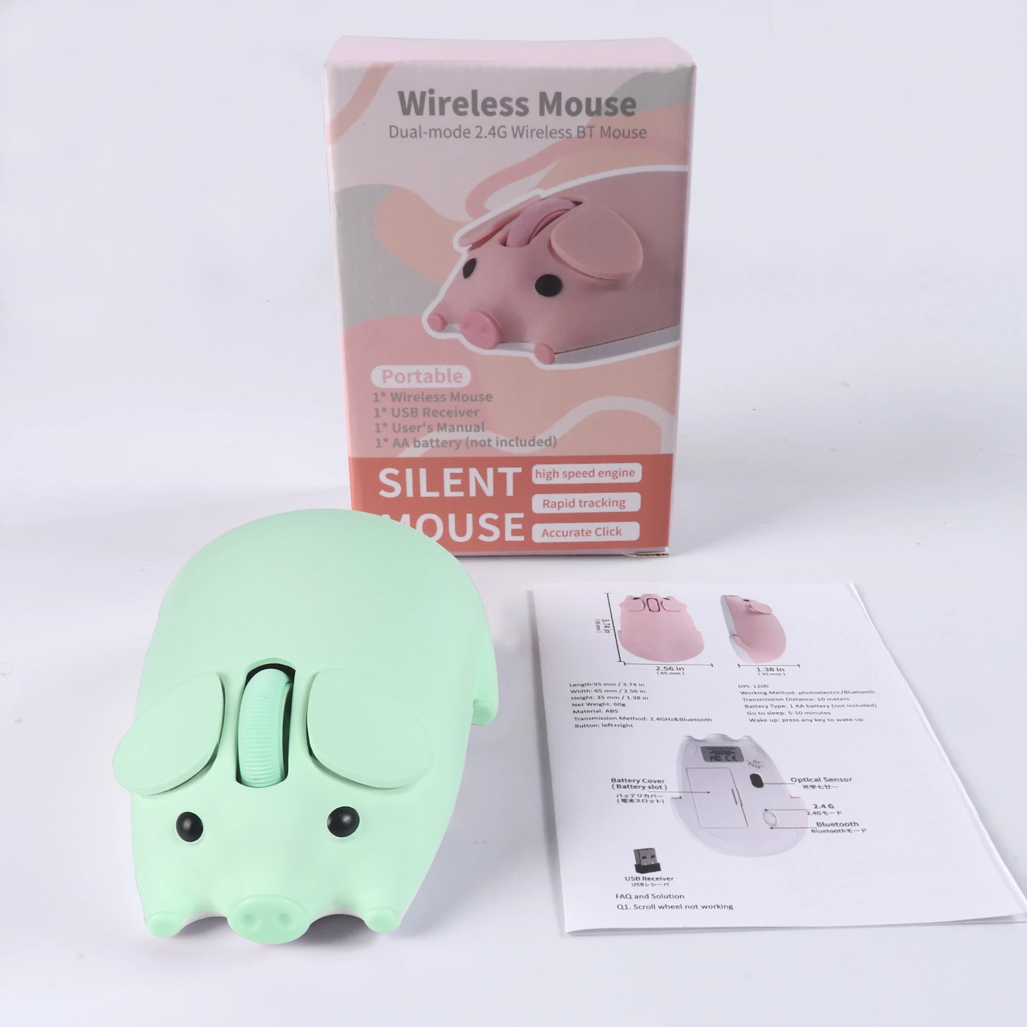 Cute 3D Little Pig Wireless Mouse 2.4G Bluetooth Dual-mode Silent For Women Office Laptop PC