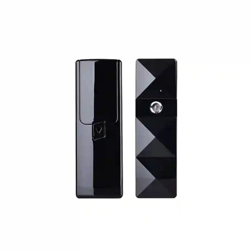 Black portable nano facial steamer for hydrating mist, pore cleaning, and eyelash extensions, USB rechargeable.