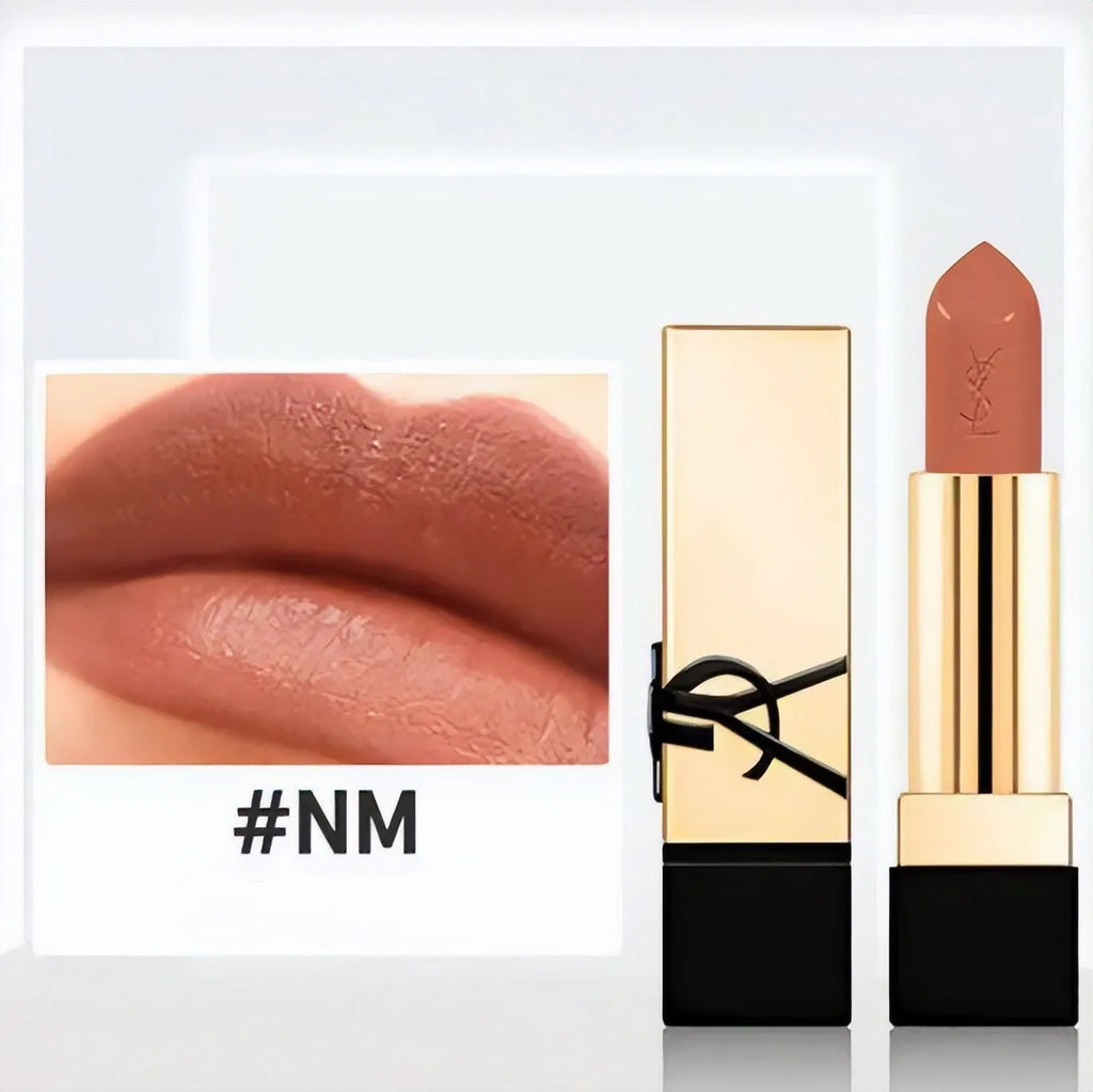 YSL Rouge Pur Couture NM Nu Muse satin lipstick mini with a nude beige shade and moisturizing finish.