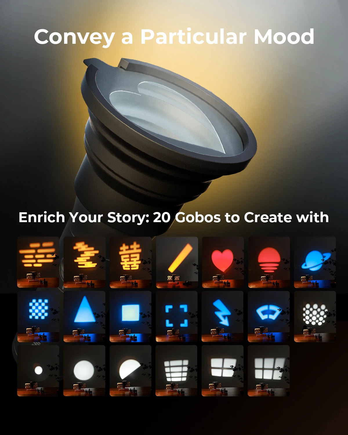 Black projection lens with a heart-shaped filter, showing 20 colorful light pattern gobos for creative photography.