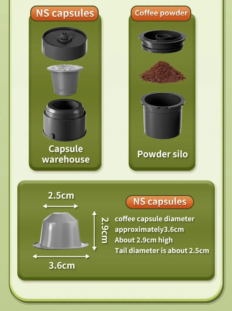 Black coffee machine accessories with black capsule warehouse and powder silo for NS capsules with 3.6cm diameter.