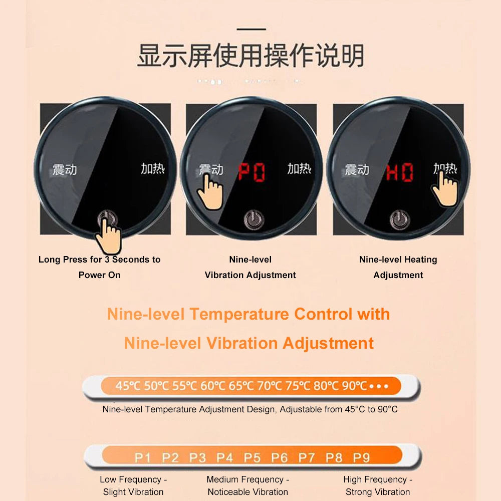 Round black digital controller with nine vibration and heating levels, showing operation steps and temperature range.