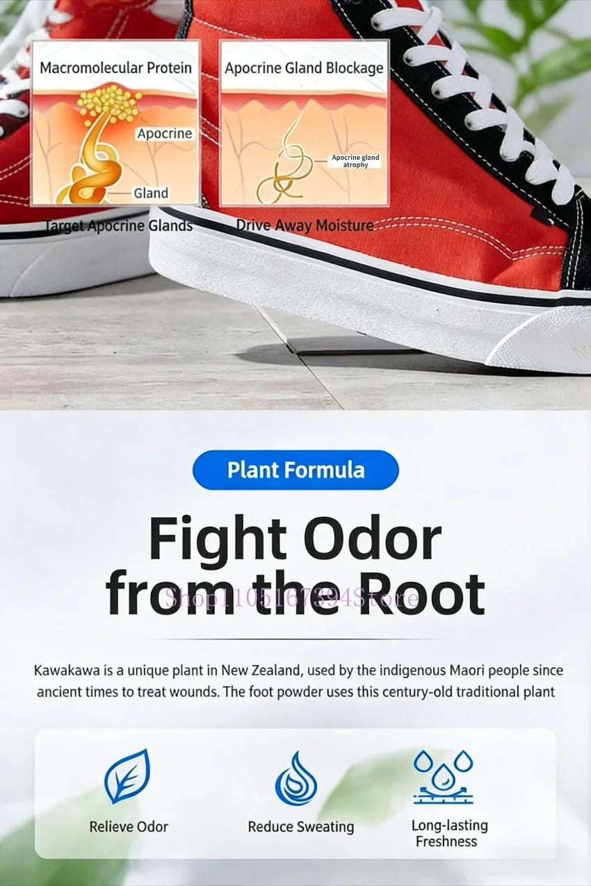 Gran's Remedy foot powder ad showing red sneaker, plant formula infographic, and sweat reduction icons.