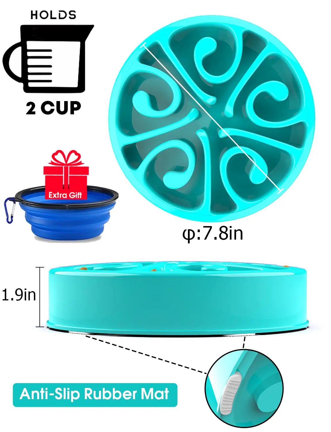 Turquoise 2-cup slow feeder dog bowl with anti-slip base and free collapsible travel bowl for healthier digestion.