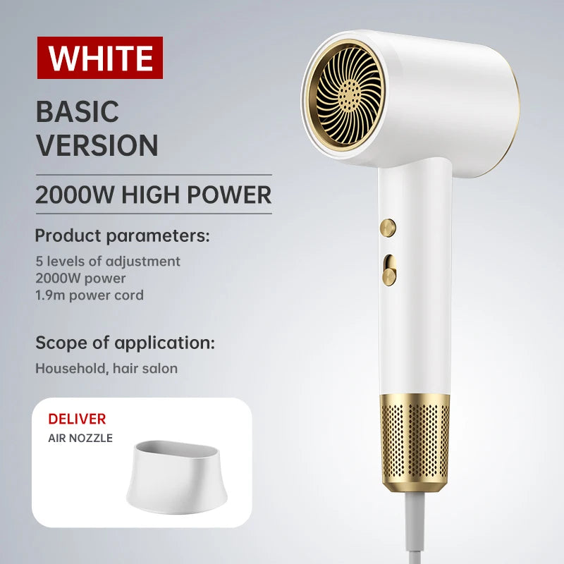 White 2000W high-speed hair dryer with gold accents, nozzle attachment, and 5 heat settings for home or salon use.